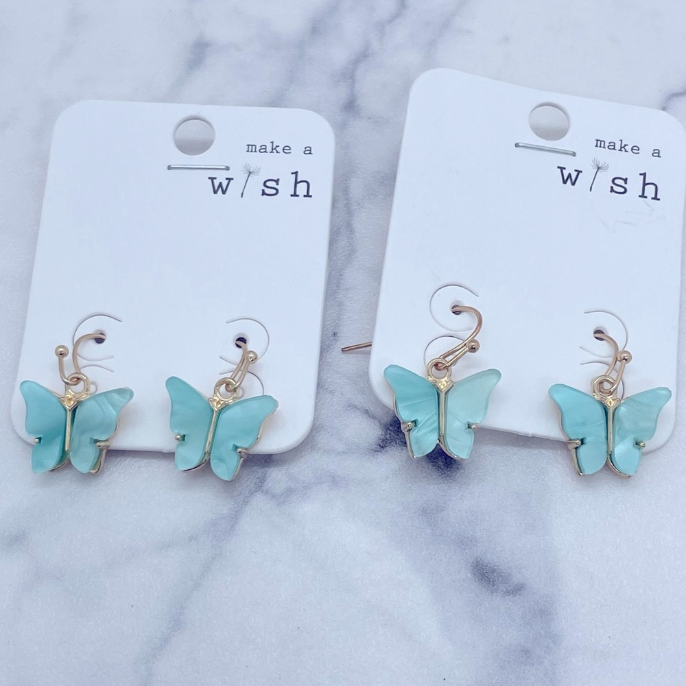 2 Pairs NEW Earrings Make a Wish Iridescent Butterfly Dangle Gold Tone